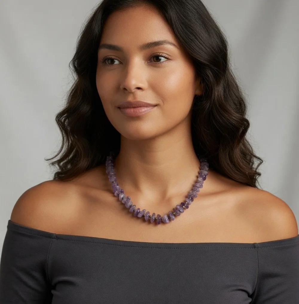 Natural Amethyst Nugget Purple Beaded Necklace Gemstone Jewelry 18